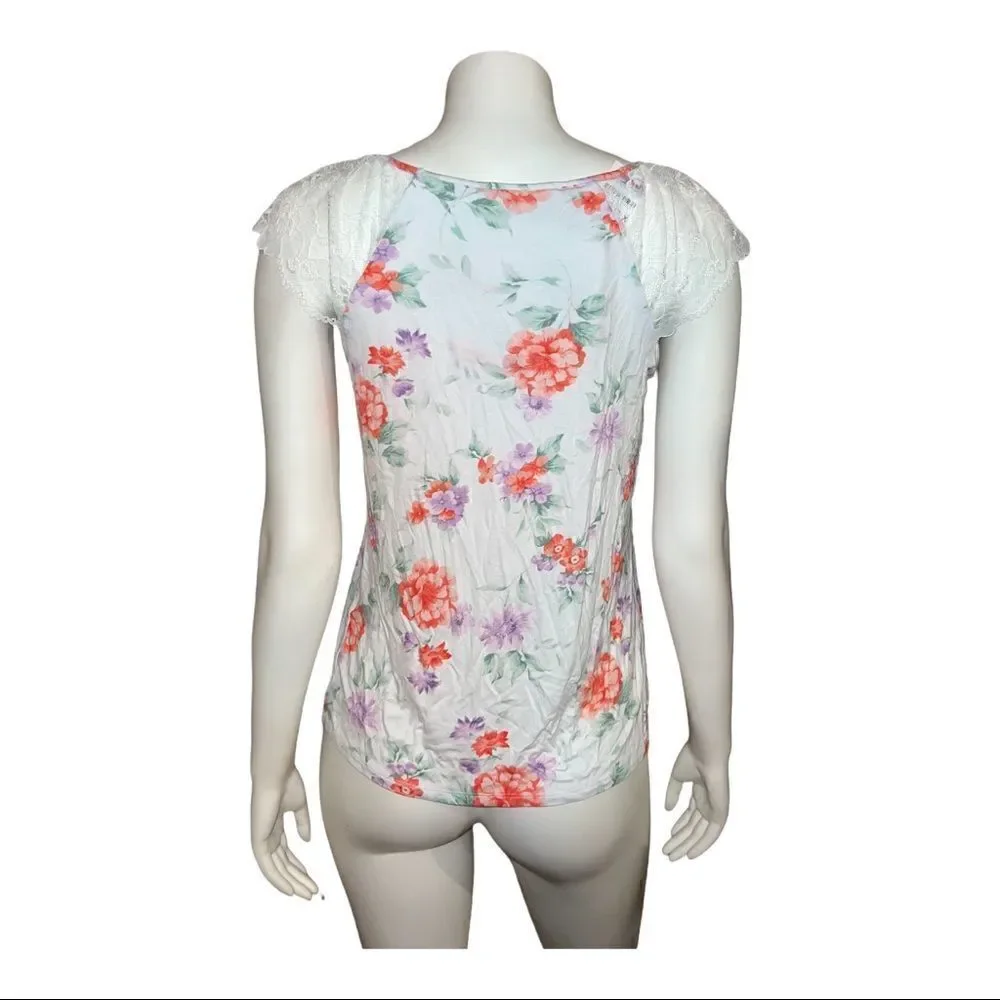 Charter Club White Blossoms Lace Short Sleeve PJ Top Extra Small NWT
